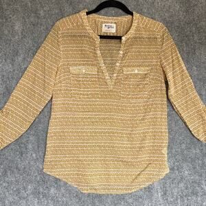 Holding Horses Anthro Blouse Women 6 Mustard Gold Sheer Cotton Boho Roll Tab